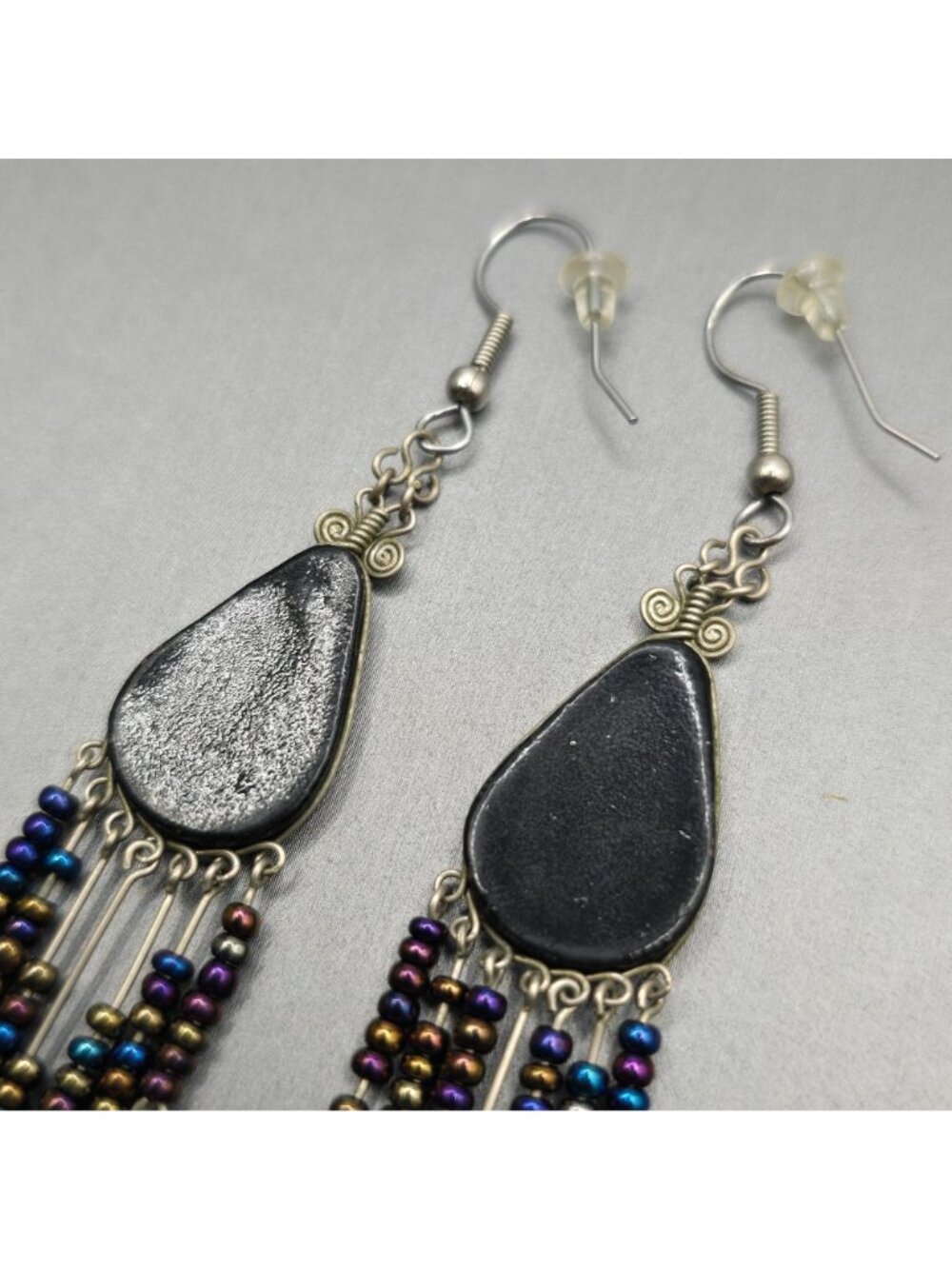 VTG Southwestern Dangle Earrings 3.75" Purple Beaded Fringe Aztec Boho Tribal - Picture 8 of 10